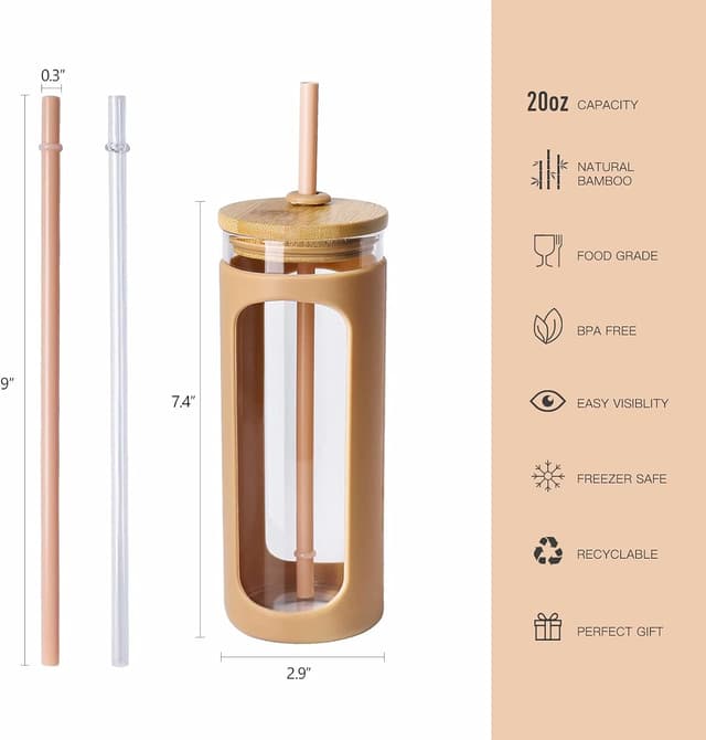 Detalle de Kodrine 20oz Glass Water Tumbler with Straw, Bamboo Lid, and Silicone Sleeve (BPA-Free, Amber)