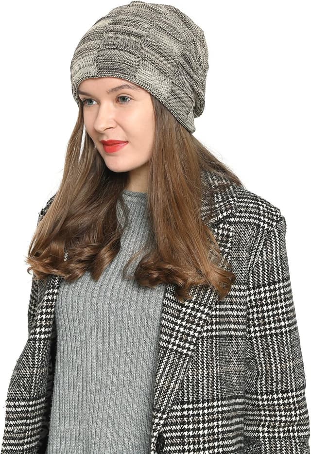 Detalle de DonDon Bonnet Femme d’hiver slouch en laine avec doublure polaire chaude