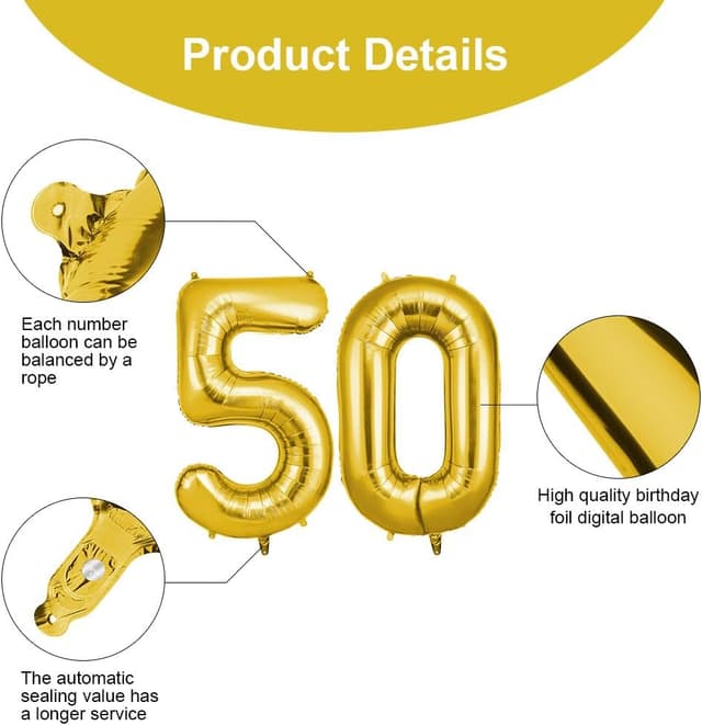 Thumbnail 2 de OFFCUP Gold Number 50 Self‑Inflating 40 Inch Balloons 🎈