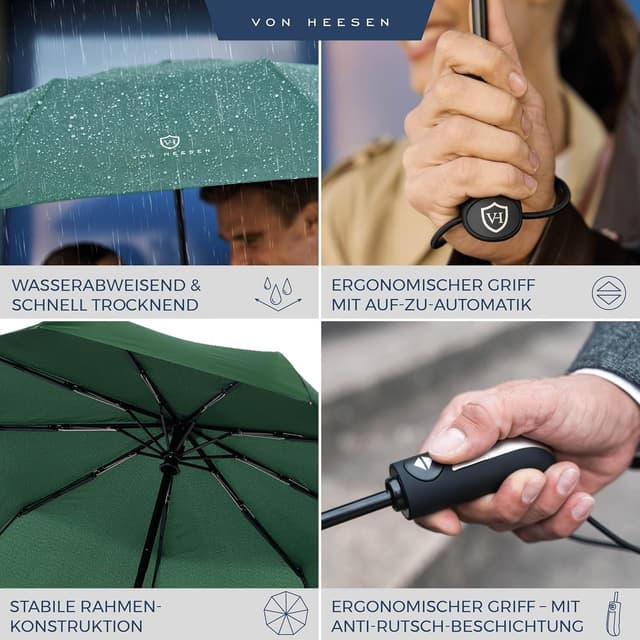 Detalle de VON HEESEN sturmfester Taschenschirm bis 140 km/h inkl. Schirm-Tasche & Reise-Etui