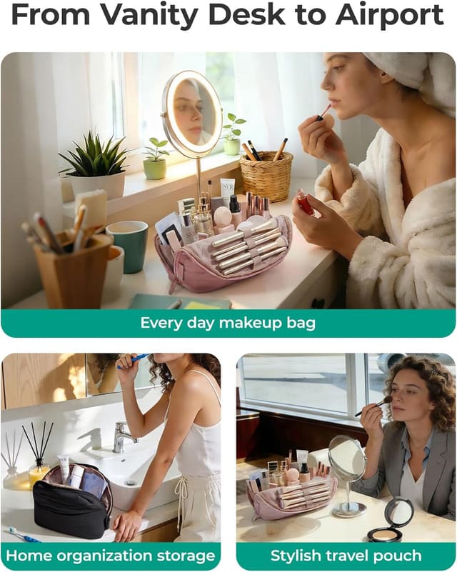 Detalle 2 de BAGSMART Travel Makeup Bag – Flat Lay, Wide Opening Pouch for Brushes & Toiletries (Black)