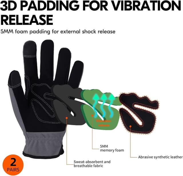 Detalle de Vgo… 2 Pairs Safety Work Gloves (NB7581) – Faux leather palm, touchscreen fingertips, EN388 work gloves in grey, size M
