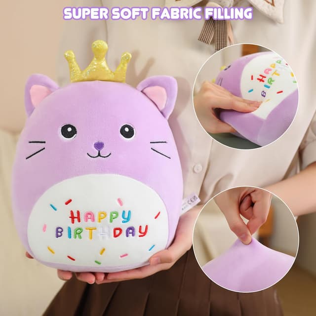 Detalle 2 de Xfrog Cat Stuffed Animal Plush Pillow (10") – Kawaii Purple Birthday Cat with Golden Crown