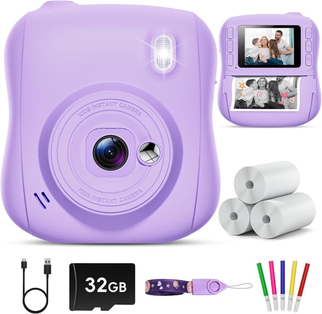 Detalle de Hangrui Kinderkamera Sofortbildkamera (14 MP) mit 32-GB-Karte, Sofortdruck & 1080P – lila