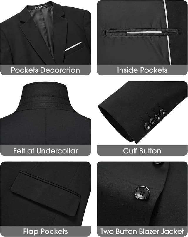 Detalle de WULFUL Men’s Slim Fit 3-Piece Suit Set (Two-Button Blazer, Vest & Pants)