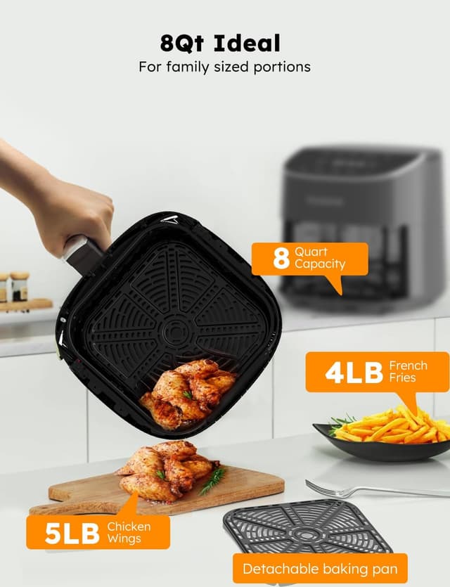 Detalle de NuWave Brio Plus 8 Qt Air Fryer (PFAS Free) with Digital Touch Screen, Cool White Display, 50°F–400°F