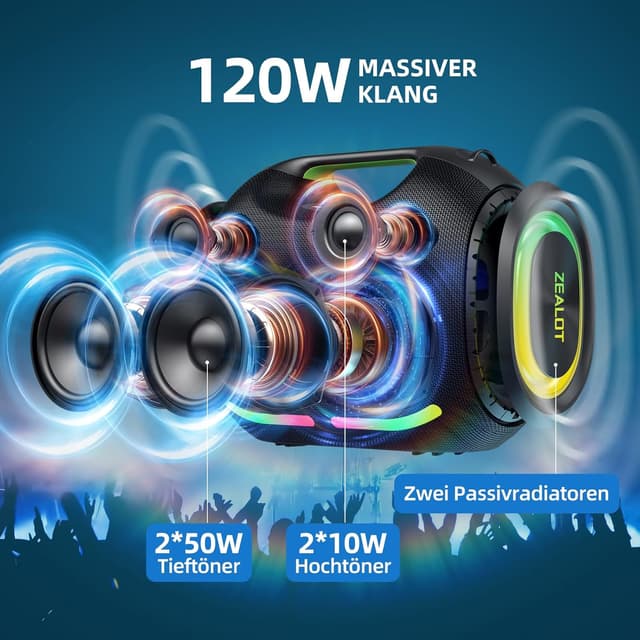 Thumbnail 1 de Zealot Tragbarer Bluetooth-Lautsprecher 120W mit Dual-Kopplung, AUX, USB und TF-Karte (IPX6)