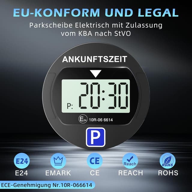 Detalle 2 de Warmfay® Elektronische Parkscheibe mit KBA-Zulassung, 2 Displays & Nachtparkmodus (elektrisch, Batterie)