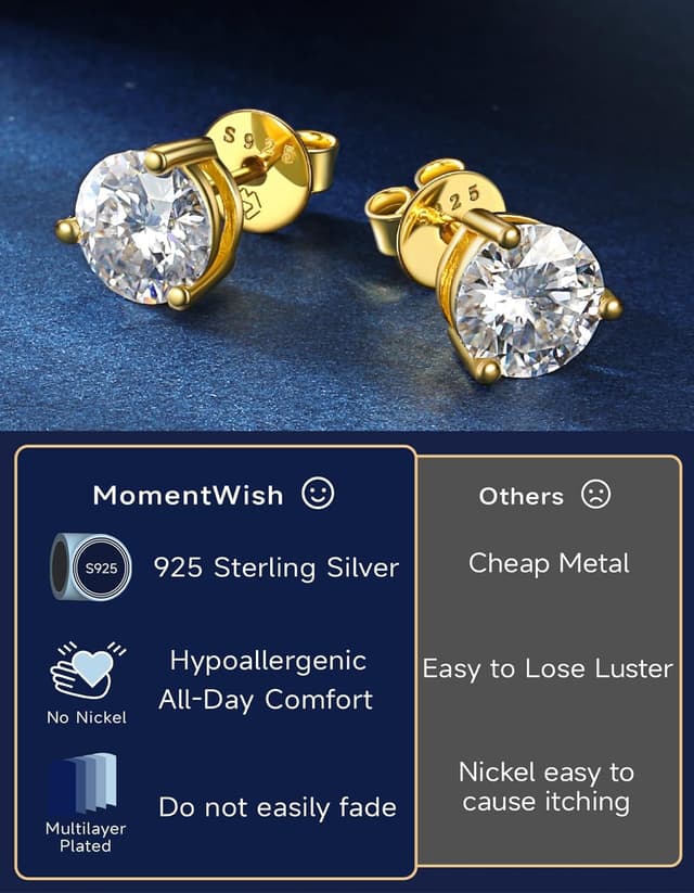 Detalle de MomentWish Moissanite Ohrstecker aus 925 Silber, 0,6–3 Karat – vergoldet, hypoallergen