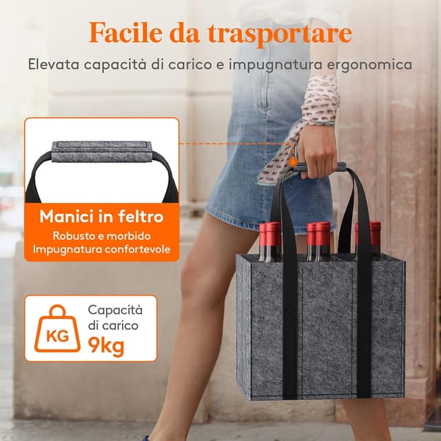 Detalle de Lifewit Borsa portabottiglie in feltro rinforzato con manici e 6 scomparti (30 x 20 x 26 cm)