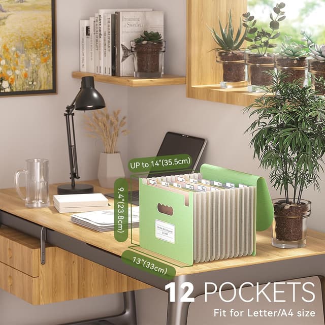 Detalle 2 de EcoStash Accordion File Organiser (12 Pockets) in Wheat Straw – A4/Letter, Mint Green