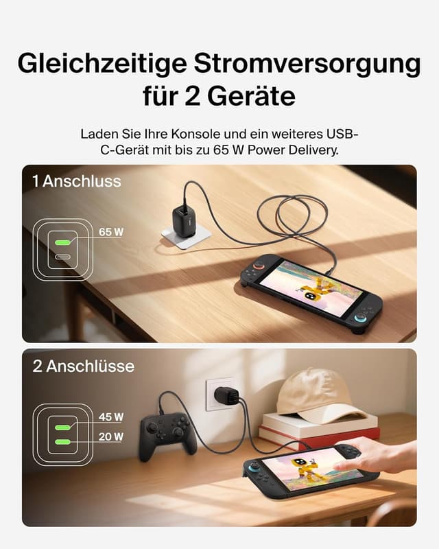 Detalle de Belkin Gaming USB-C Ladegerät mit 2 Anschlüssen (65 W, GaN) für Nintendo Switch 2, iPhone & mehr – Schwarz