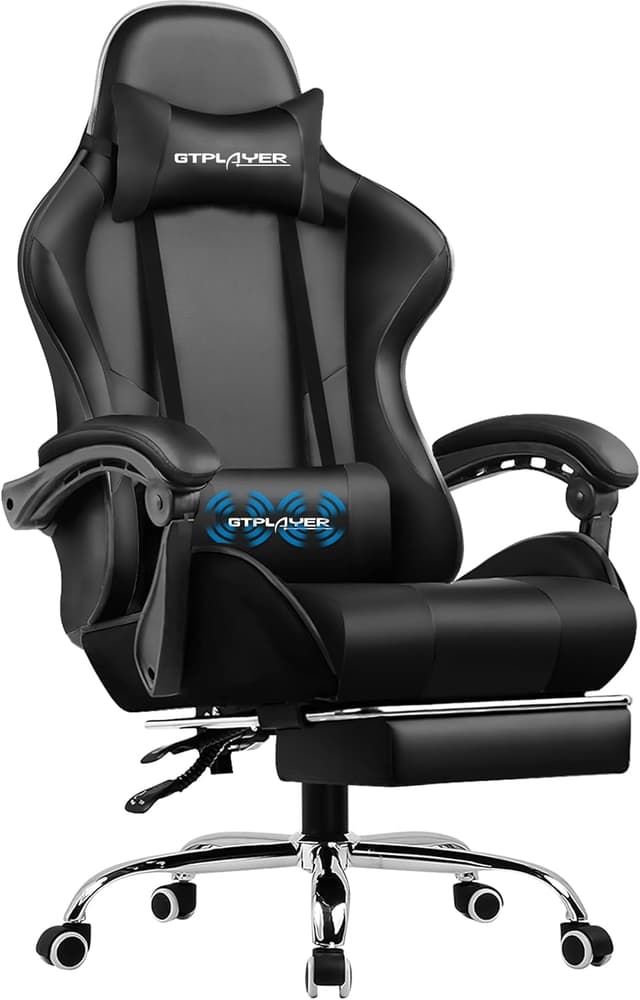 Detalle de GTPLAYER Chaise Gaming noire avec massage lombaire et repose-pieds rétractable