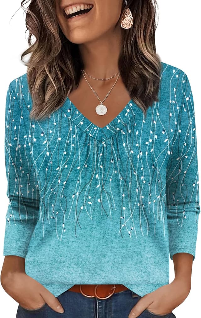 Detalle 1 de Aokosor Womens 3/4 Sleeve Pleated Crew Neck Tunic Blouses