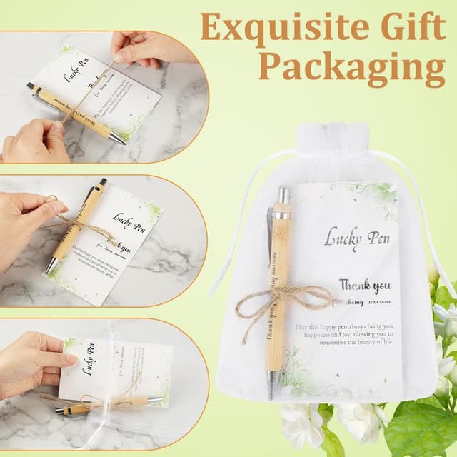 Detalle de OFFCUP Lot de 24 stylos à bille « Merci » en bambou, avec cartes et pochettes en organza