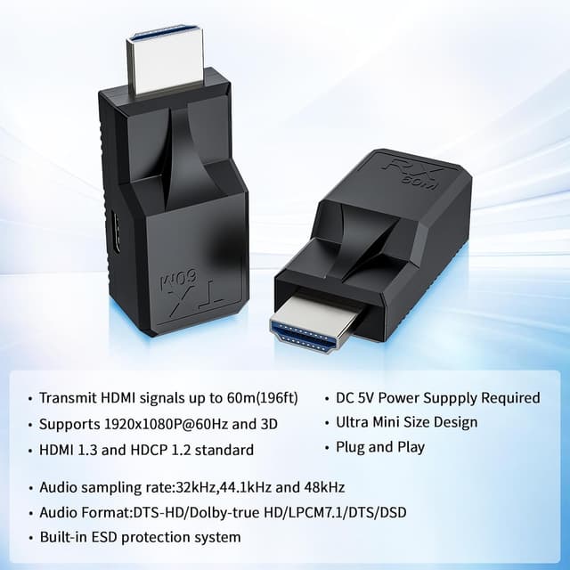 Detalle de BolAAzuL 1080p HDMI auf RJ45 Extender Adapter für Cat5e/6/7 bis 60 m (HDMI TX/RX, 60 Hz)