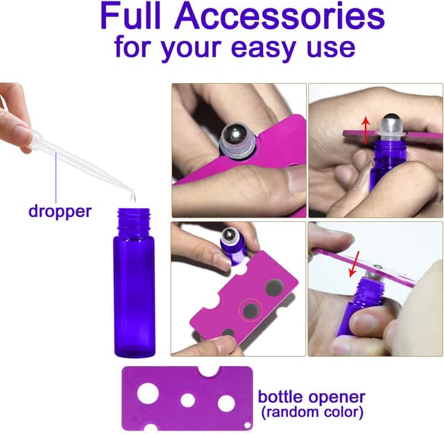 Detalle de Alledomain 6 x 10ml Essential Oil Roller Bottles (refillable glass) with stainless steel balls