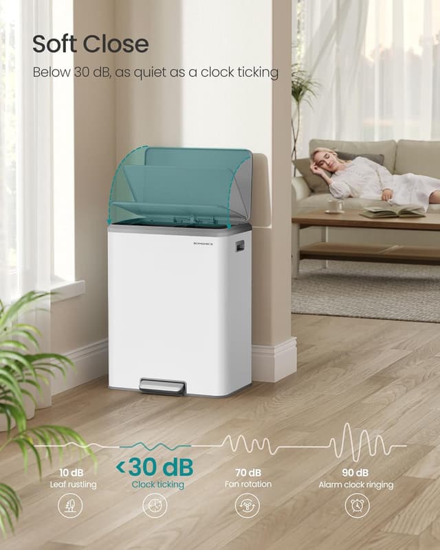 Detalle de SONGMICS Kitchen Bin (LTB556W02) – Double 2 x 30 L stainless steel recycling bin with soft-close lids