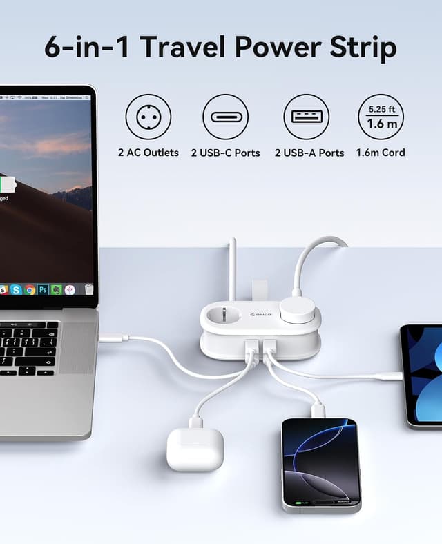 Detalle de ORICO AP3 Bianco GaN 65W: presa da viaggio multipla 6-in-1 con USB-C 65W e cavo retrattile 1,6 m