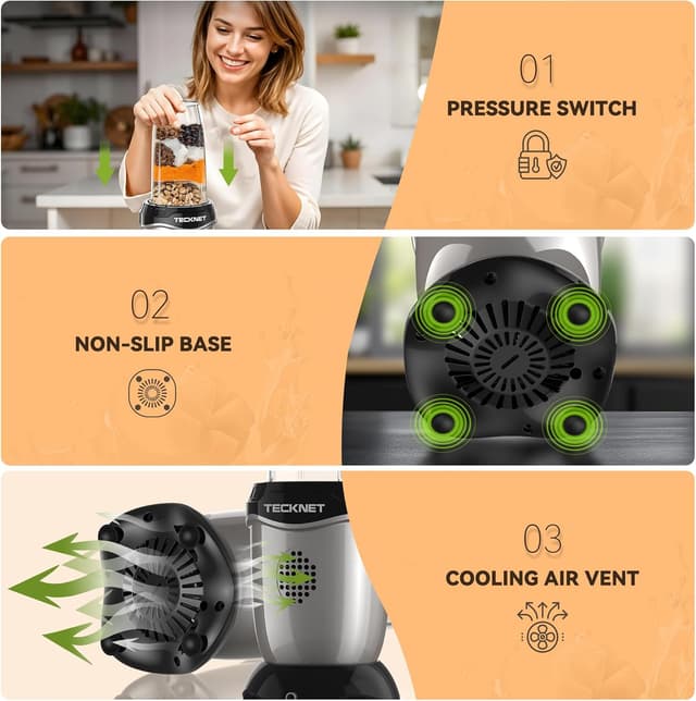 Detalle de TECKNET 600W Powerful Personal Blender Smoothie Maker with 500ml portable cups and 150ml grinding cup