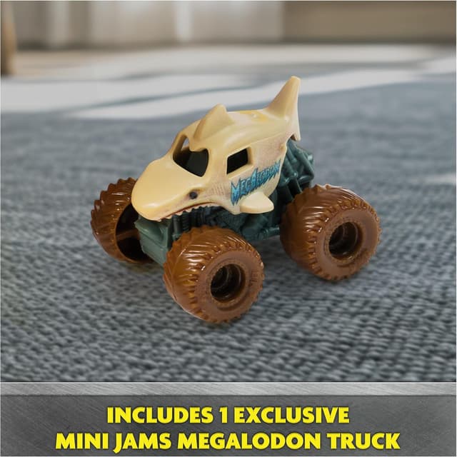 Detalle de Monster Jam Mini Jam Megalodon Mad Hog Chomper and Monster Truck (Fun Cleanup & Storage) Ages 3+