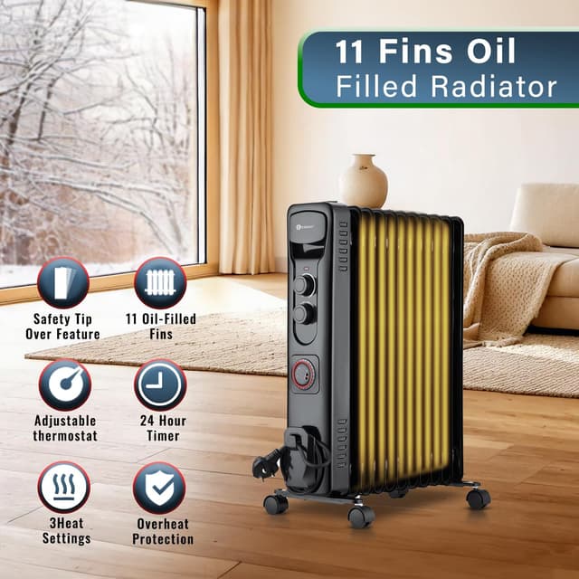 Detalle 2 de PureMate Oil Filled Radiator 2500W, 11-fin heater 🏠