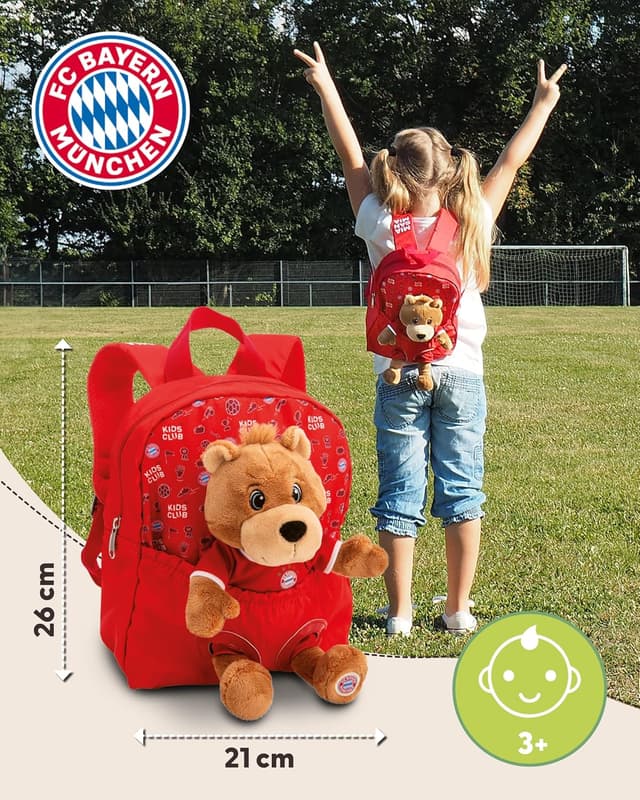 Detalle de NICI Rucksack 21x26 cm mit Plüschtier Bär Berni (25 cm) FC Bayern München, rot – Kita- & Kindergarten-Rucksack
