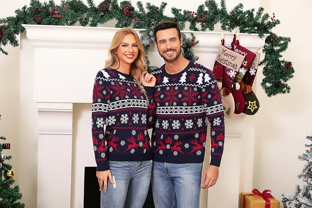 Detalle de Pull de Noël unisexe Aseniza « ugly sweater » à motif flocon et wapiti, col rond