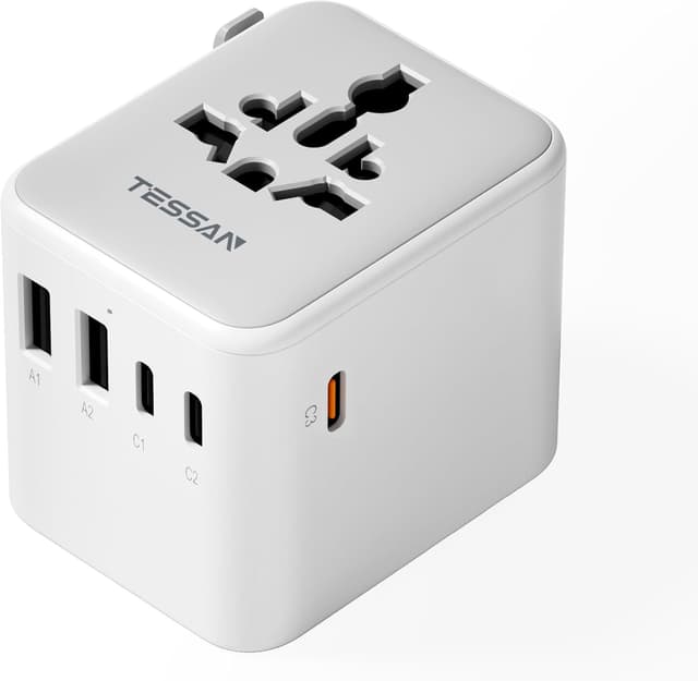 Detalle de TESSAN Weltreiseadapter mit USB‑C GaN 65 W (PD) und 5 USB – universeller Reise-Stecker für USA, UK, Japan, Australien & mehr