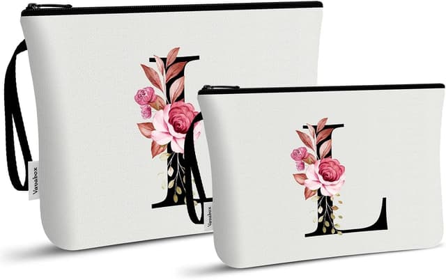 Detalle de Vavabox 2 Pcs Initial Toiletry Bags Set (L, White) – personalised travel makeup & toiletry bag with handle