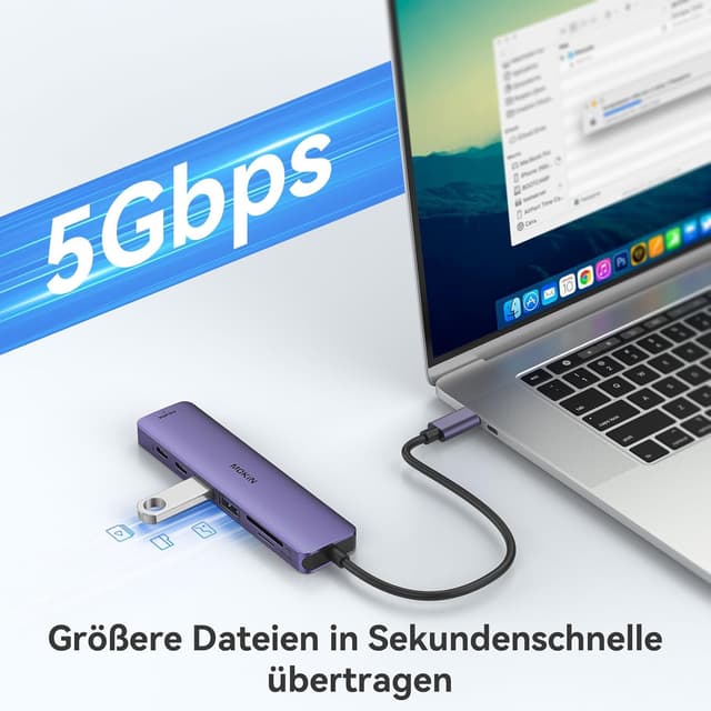Detalle de MOKiN USB-C Hub 7-in-1 (HDMI 4K, 2× USB 3.0, SD/microSD, USB-C PD 100 W) für MacBook, iPad & Co. (lila)