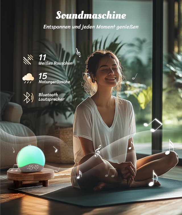 Detalle 2 de ecozy Tageslichtwecker (Lichtwecker) mit Bluetooth-Synchronisierung, Sonnenaufgang & -untergang sowie 17 Nachtlichtfarben