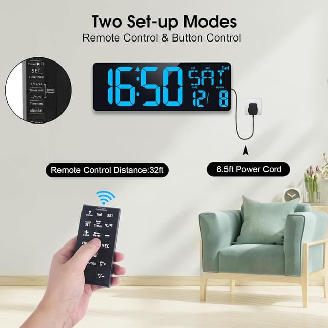 Detalle de XREXS 17 Inch Digital Wall Clock with Bluetooth auto-sync, auto-dimming and time/date/temperature display