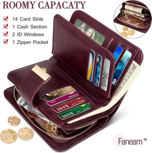 Detalle de Faneam Damen-Geldbörse aus Kalbsleder mit RFID-Schutz, klein, mit 14 Kartenfächern und Münzfach