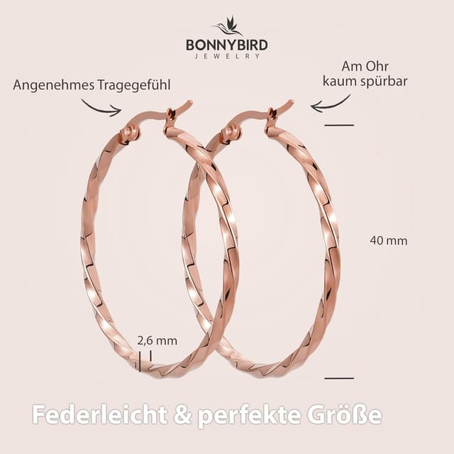 Detalle de BONNYBIRD BonnyFly wasserfeste Edelstahl Creolen (40 mm) in Silber, Gold & Roségold