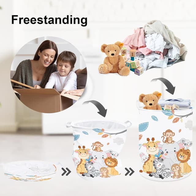 Detalle de Clastyle Tier Kinder Wäschekorb mit Henkel, faltbar – Löwe, Elefant, Koala & Sterne, 36x45 cm