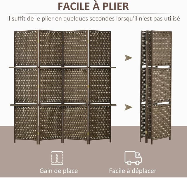 Detalle de HOMCOM Paravent intérieur à 4 panneaux avec 2 étagères (bois de pin, bambou, fibres de papier tressées)
