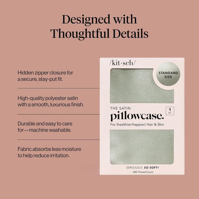 Detalle de Kitsch Satin Pillowcase with Zipper for Hair & Skin (Queen-style) – Sage, 19"x26