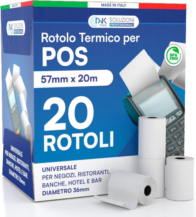 Detalle de DNK TRADE: 20 rotoli per POS in carta termica (57x20 m) per Nexi, Nexa, SumUp e altri