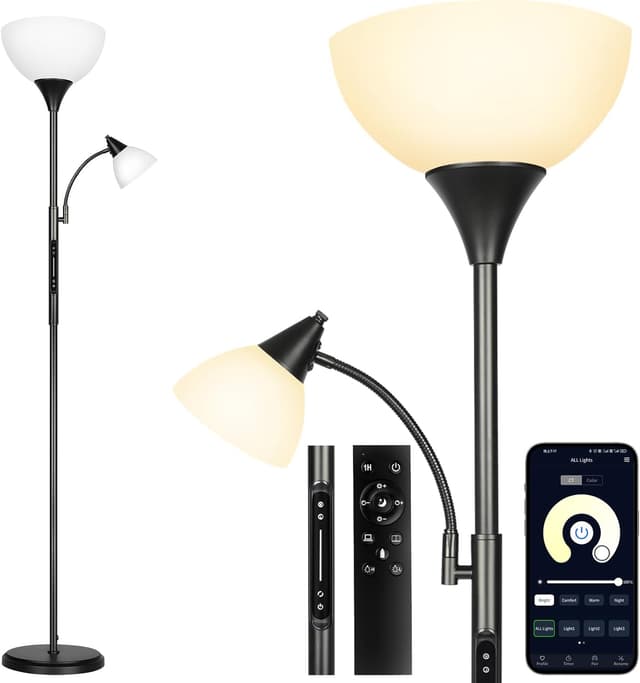 Detalle de OUTON Dimmable LED Floor Lamp with Touch Control, Remote & App (Uplighter + Reading Goose Neck) and 1-Hour Timer