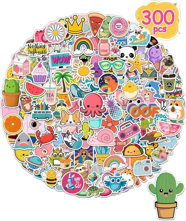 Detalle de 300-Piece Waterproof Vinyl Sticker Pack for Kids, Water Bottle & Laptop Stickers (Cute School Designs)