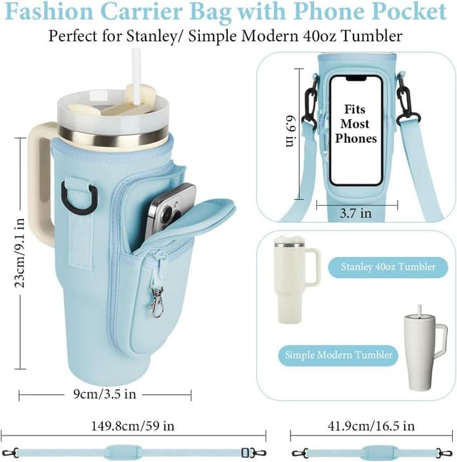 Detalle 2 de AYESY Water Bottle Carrier Bag for Stanley Quencher 40 oz (Blue) with Adjustable Strap & Phone Pocket