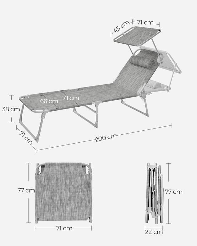 Detalle de SONGMICS Große Sonnenliege GCB022G01 – klappbar mit Sonnenschutz, Kopfstütze und verstellbarer Rückenlehne