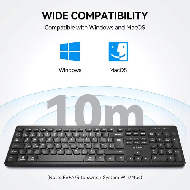 Thumbnail 6 de TECKNET Wireless Keyboard (2.4G USB + Bluetooth) UK Layout, Full Size Ergonomic Keyboard with 105 Days Standby, Black