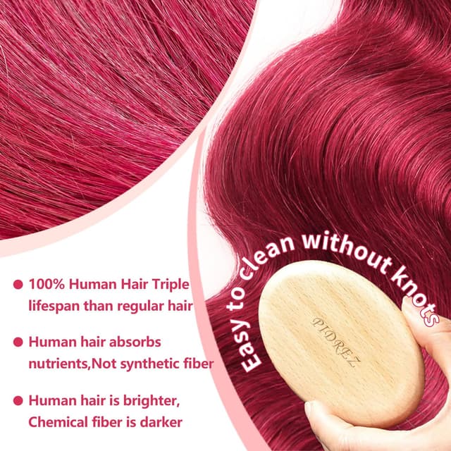 Thumbnail 3 de 30-Inch Burgundy 13x6 Lace Front Wig (99J) Body Wave Human Hair, 180% Density