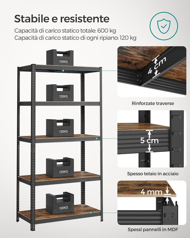 Detalle de SONGMICS Scaffalatura GLR050B11, 50 x 100 x 200 cm, portata 600 kg, ripiani regolabili, stile vintage marrone e nero