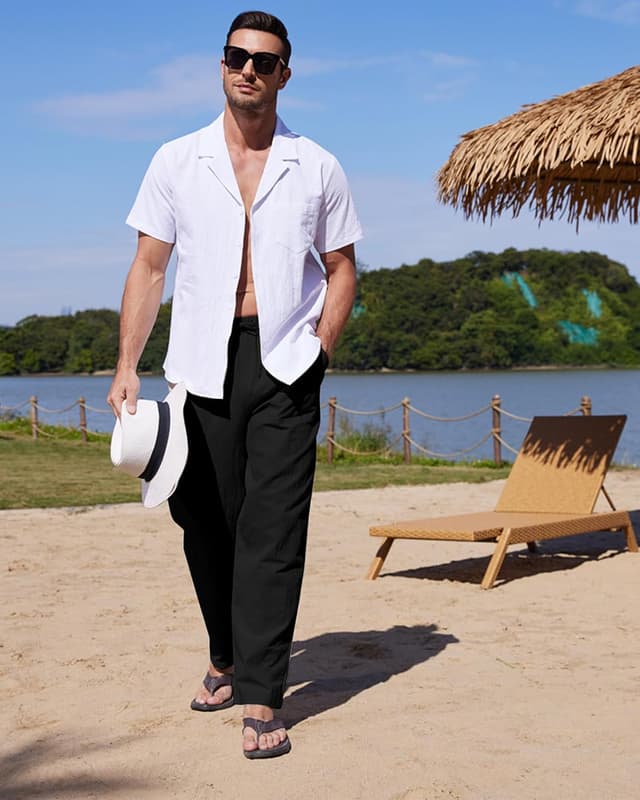 Detalle de YAOHUOLE Men’s Linen Trousers – Lightweight straight-leg yoga style with elasticated waist