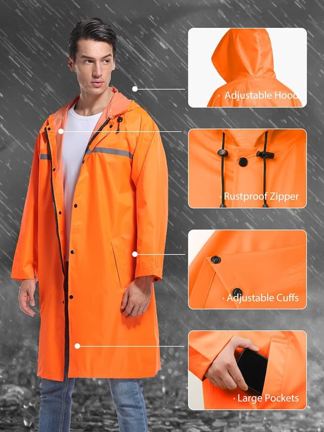 Detalle de Men’s Long Hooded Safety Rain Jacket Waterproof Raincoat Poncho