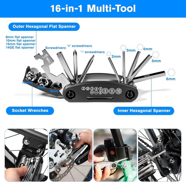 Detalle 2 de Carehabi 39 PCS Kit de réparation de vélo (crevaison) avec outil 16 en 1 et mini-pompe 120 PSI