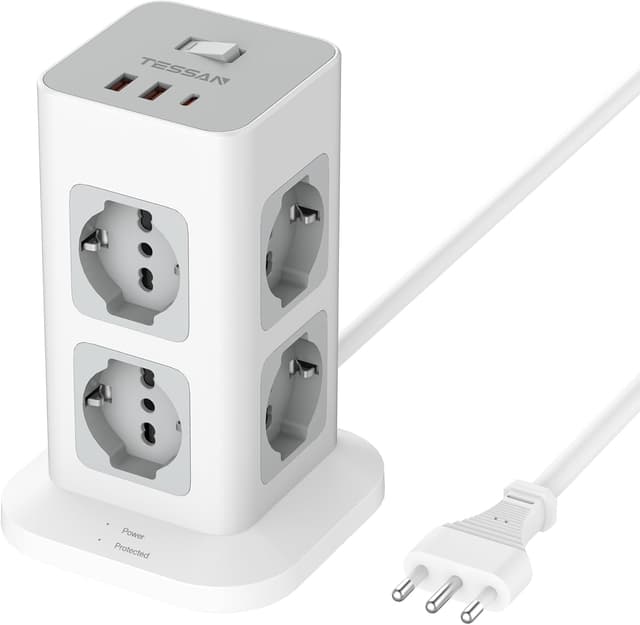 Detalle de TESSAN ciabatta multipresa verticale con 8 prese IT e USB 20W (3680W) con protezione da sovratensione